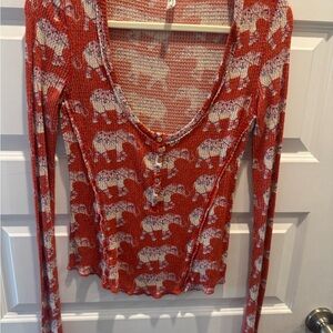 Free People Elephant Print Long Sleeve Top - Red and White